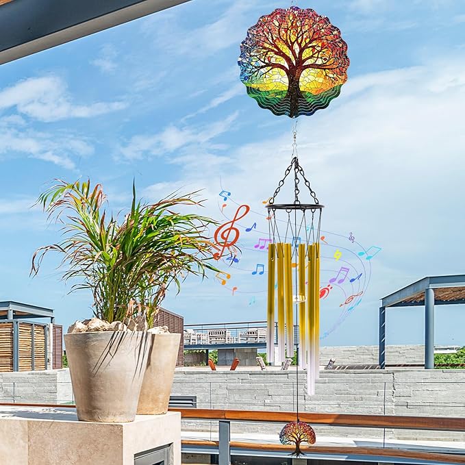 Windchimes with Tree of Life Wind Spinners Gift, Metal 3D Wind Spinner Hanging Wind Chimes Decor for Yard Outdoor, Home Garden Ornaments Gifts for Mom Women Christmas