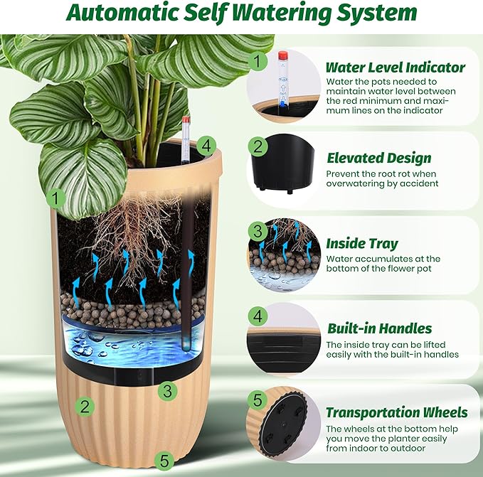 31" Tall Planters, Large Indoor & Outdoor Self-Watering Flower Pots with Drainage, Water Level Monitor & Wheels, Planters for Patio, Porch, Living Room, Home Office