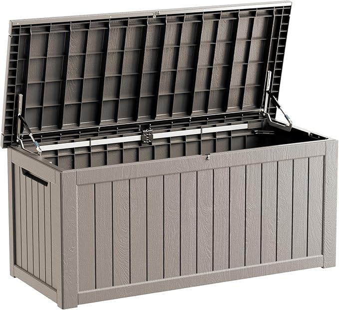 270 Gallon Lockable Resin Outdoor Storage Box, Waterproof & Weather Resistant Deck Box for Patio Cushion, Garden Tools & Pool Accessories, Grey