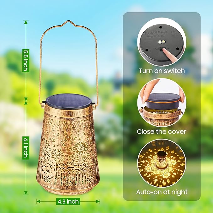 4 Pack Solar Lanterns Outdoor Waterproof Birthday Gifts for Women Mom Grandma, Hollowed-Out Metal Sunflower Hanging Solar Lantern Lights Outdoor Decor, 2 Modes Lights Decor for Yard, Patio