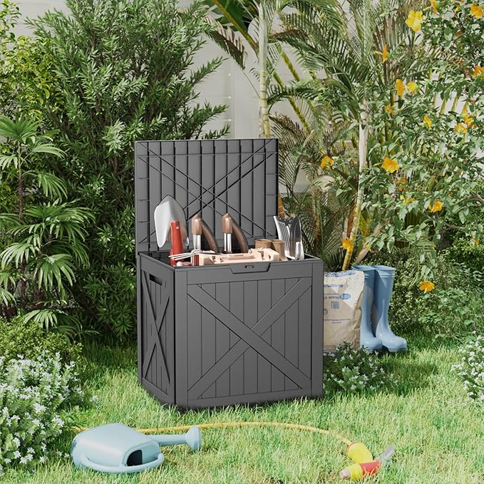 GGYI 32 GallonOutdoor Storage Box,Resin Deck Boxes Waterproof, IndoorOutdoor Bin for Package Delivery, Patio Cushions, Gardening Tools, Lockable, UV Resistant