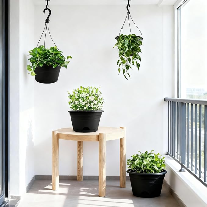 4 Pack Hanging Planters, 10 Inch Hanging Plant Pot with Hanger Chain & Drainage Trays, Hanging Baskets for Plants Outdoor Indoor, Flowers Pots for Home, Garden, Porch Decor (Black)