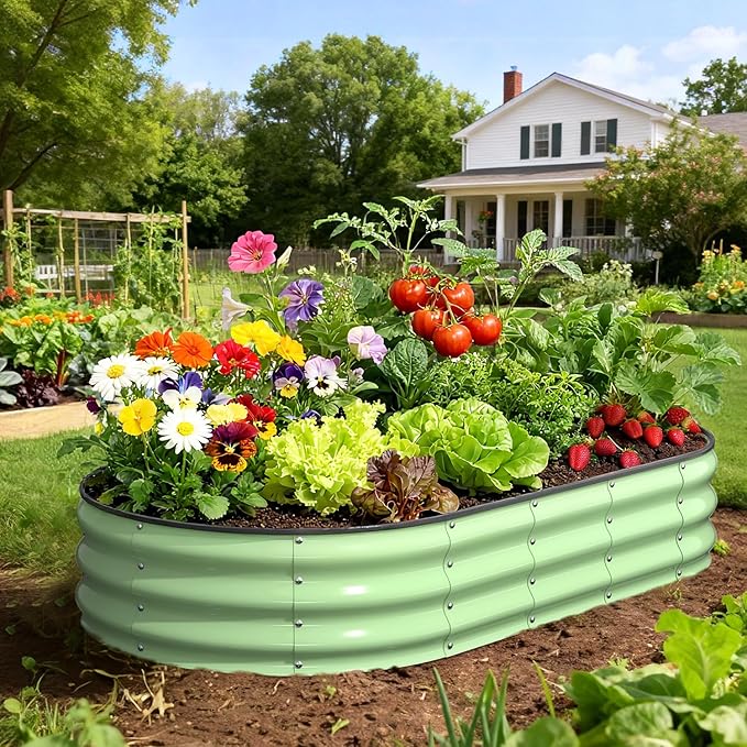 Galvanized Raised Garden Bed, Oval Planter Raised Bed 6x3x1ft Metal Raised Garden Bed Outdoor for Growing Vegetables, Flowers, Herbs, Metal Planter Box for Yard, Patios, Balconies(Fruit Green)