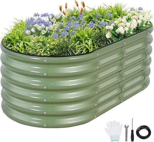 Permade Galvanized Raised Garden Bed - 4x2x1.4FT Metal Planter Boxes Outdoor | Oval Steel Raised Bed Kit for Gardening with Protective Tape, Gloves for Vegetables, Flower, Herb (Green)