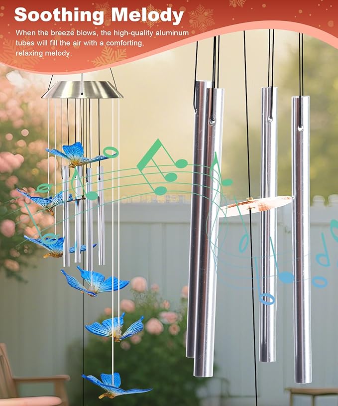 Nacome Wind Chimes for Outside: Tubes Memorial Wind Bell Valentines Day Gifts for Her Wife Women Mom Grandma Birthday - Yard Garden Indoor Outdoor Decor (Butterfly)