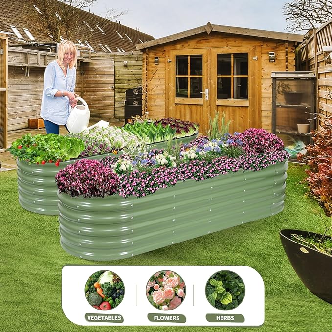 Permade Galvanized Raised Garden Bed - 8x2x1.4FT Metal Planter Boxes Outdoor | Oval Steel Raised Bed Kit for Gardening with Protective Tape, Bracing Rods, Gloves for Vegetables, Flower, Herb (Green)