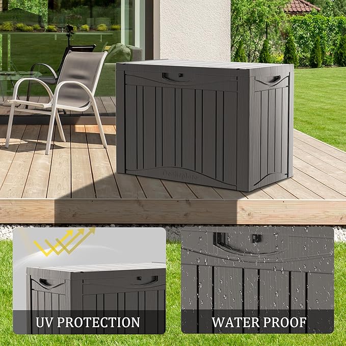 Mersco 45 Gallon Double-Wall Resin Deck Box - Lockable Waterproof Outdoor Storage Box, 515bs Capacity & Doubles as Seating for Patio Furniture - Garden Tools, Pool Accessories (Grey)