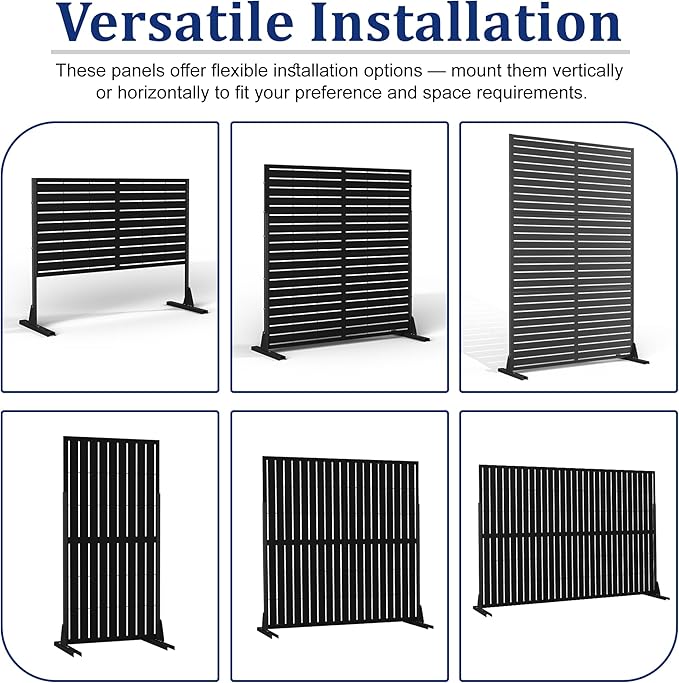 Metal Privacy Screen with Stand 72" H×47" W Outdoor Freestanding Privacy Screen & Panels, Outdoor Privacy Screen for Deck Patio Balcony(Black-Louvered)