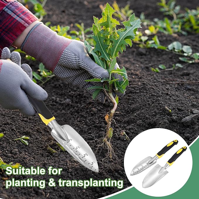 HARFINGTON 2pcs Garden Hand Shovels 11.8" Measurements Aluminum Transplanting Trowel Small Gardening Hand Tools for Planting, Yellow