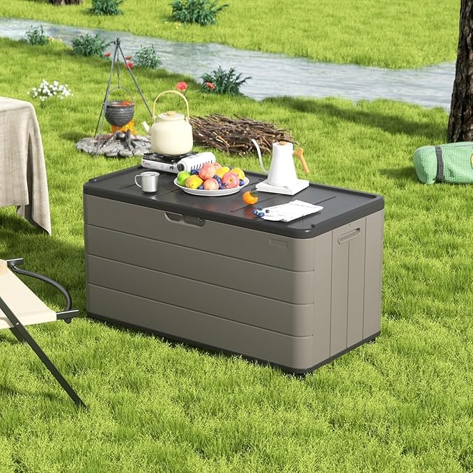100GAL Square Storage Box (With Wheels) Grey，Wheeled Footlocker，Waterproof Resin Storage Bin for Patio Cushions