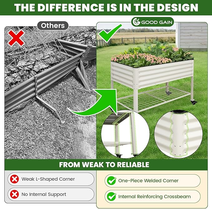 Elevated Raised Garden Bed 2' x 4' - Galvanized Planter Boxes with Legs, Wheels, and Storage Rack, Outdoor Planters for Backyard/Patio/Balcony with Drainage Holes for Vegetables, Flowers, Herbs, White