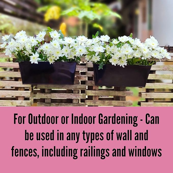 LaLaGreen Rail Planter Box (4 Pack, 12 Inch) Black Metal Strawberry Outdoor Hanging Flower Bucket with Drainage Handle Hook, Rectangle Balcony Deck Fence Plant Holder Window Boxes Rustic Home Decors