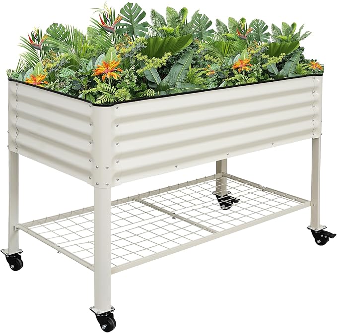 Elevated Raised Garden Bed 2' x 4' - Galvanized Planter Boxes with Legs, Wheels, and Storage Rack, Outdoor Planters for Backyard/Patio/Balcony with Drainage Holes for Vegetables, Flowers, Herbs, White