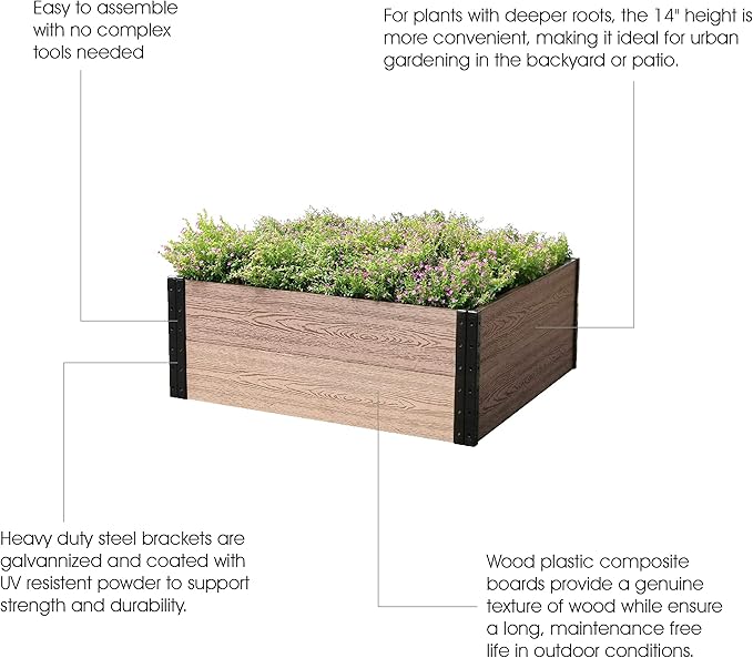 Everbloom Deep-Root Raised Garden Bed, 36"x38"x14",Composite Wood Plastic Planter Box Outdoor, Easy Assembly Brown Rectangle Planter for Vegetables Flowers Herbs,Backyard/Patio/Garden