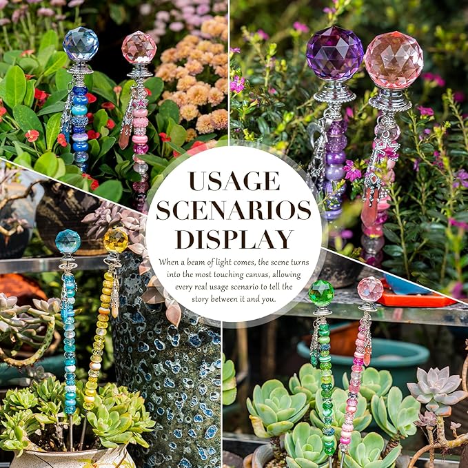 260 Pcs DIY Beaded Garden Stakes, Fairy Wand 10-Pack Garden Decorative Kit with Healing Crystal Pendant, 12in Threaded Rods, Crystal Diamond Tops, for Spring Garden Outdoor&Indoor Decorations