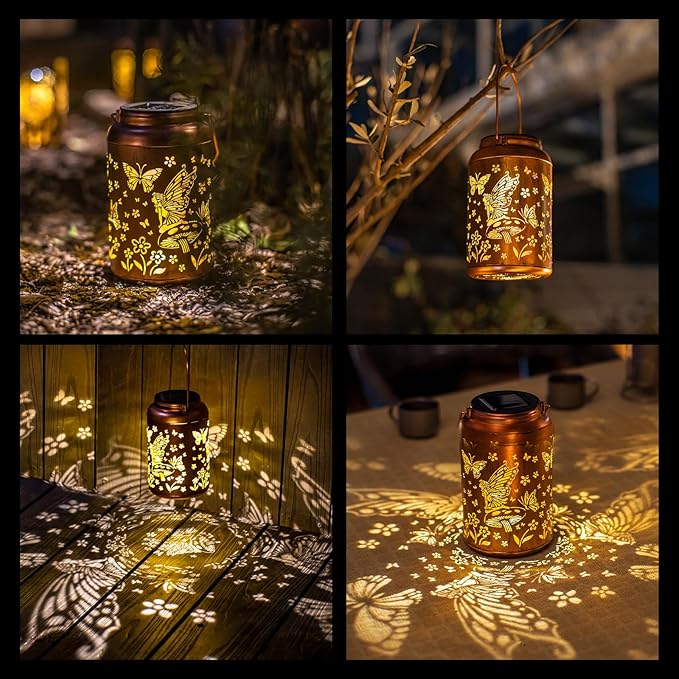 Fairy Solar Lanterns Outdoor Waterproof Hanging Butterfly Lights Birthday Gifts for Women Mom Grandma Hollow Out Metal Lantern Decorative Garden Decor for Patio,Deck,Balcony