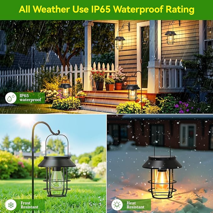 Solar Lanterns Outdoor Waterproof, High Brightness Hanging Solar Lights for Outside with Wall Hooks, Halloween Decor Retro Metal Outdoor Lanterns Auto On/Off for Patio, Yard Decor, Black,4Pack