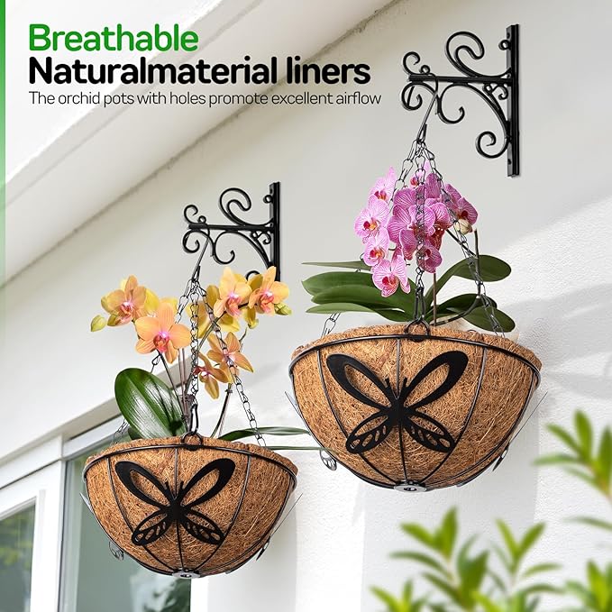 QCQHDU 3 Pack 8 inch Metal Hanging Orchid Baskets for Plants Outdoor, Hanging Orchid Planter Basket with Coco Liners, Orchid Pots with Holes for Garden, Patio, Deck, Porch Plants(Butterfly)