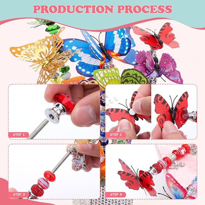 380Pcs Beaded Garden Stake, DIY Fairy Wand Beaded Decorative Butterfly Garden Stake Kit with 12IN Threaded Rod Crystal Stopper Top Large Holes Beads Butterfly Decoration Pendants Outdoor