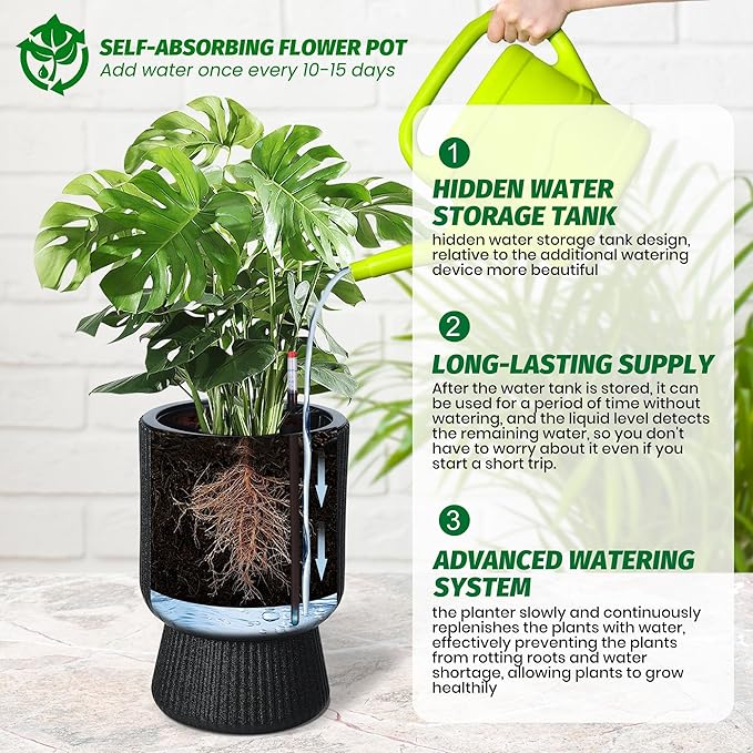 14.2" Tall Planters Set of 2, Large Indoor/Outdoor Self-Watering Plant Pots with Drainage, Water Level Monitor & Wheels, Flower Pots for Patio, Porch, Living Room, Home Office