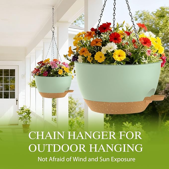 12 Inch Hanging Baskets 2 PC with Chains, Self-Watering Hanging Planters for Indoor Outdoor Plants, Plastic Hanging Flower Pots,Green Brown