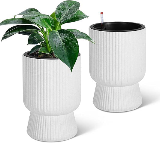 14.2" Tall Planters Set of 2, Large Indoor/Outdoor Self-Watering Plant Pots with Drainage, Water Level Monitor & Wheels, Flower Pots for Patio, Porch, Living Room, Home Office