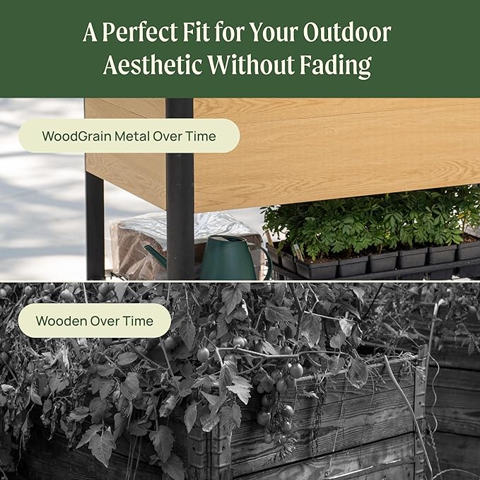 Rolling Elevated Garden Bed, 2' x 8' Metal Woodgrain Elevated Outdoor Planters Boxes with Legs & Storage Rack for Patio, 1800 lbs Weight Capacity, Raised Beds for Gardening Herb Flowers Vegetables