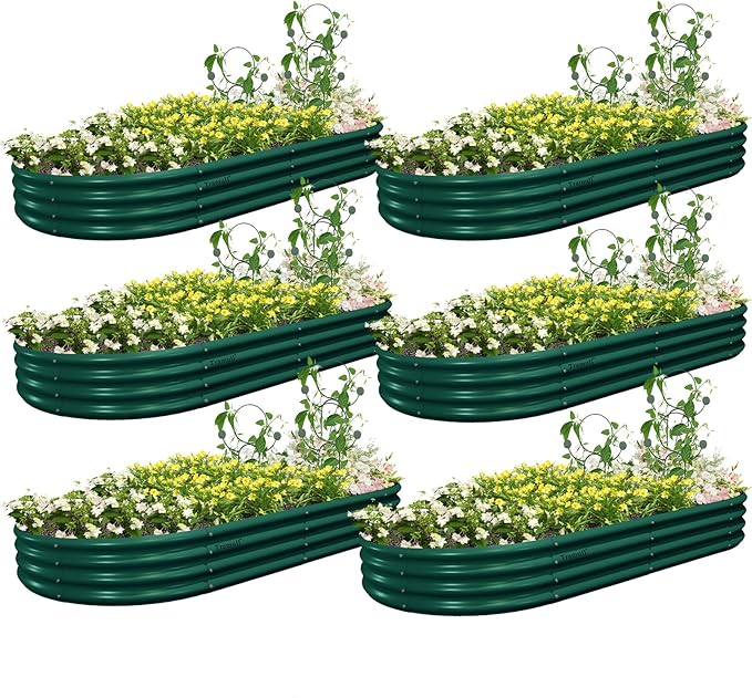 6 Pack 8x4x1FT Galvanized Raised Garden Bed Kit Oval Metal Ground Planter Box Outdoor Bottomless Planter Raised Beds for Vegetables Flowers Herbs Fruits, Green