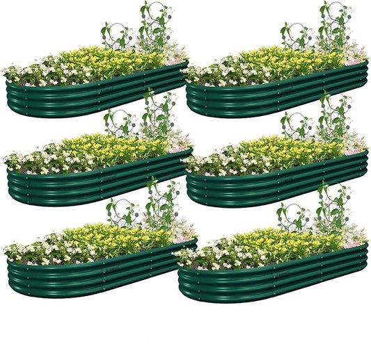6 Pack 8x4x1FT Galvanized Raised Garden Bed Kit Oval Metal Ground Planter Box Outdoor Bottomless Planter Raised Beds for Vegetables Flowers Herbs Fruits, Green