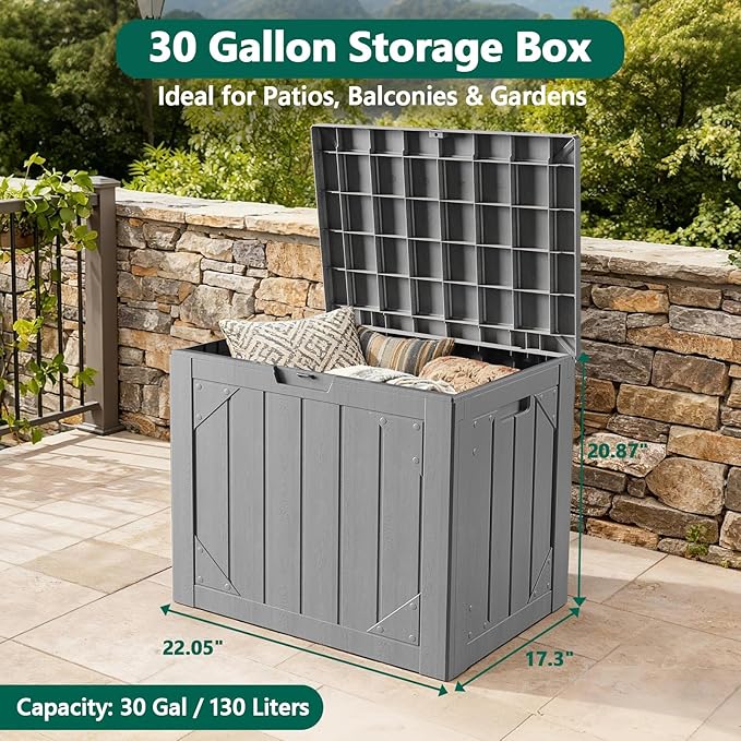 MAKE CHANGES Outdoor Storage Box,30 Gallon Deck Box Outdoor Storage Bench Outside Waterproof Resin Storage Bench, Lockable Patio Cushions, Garden Tools Storage For Furniture, UV Resistant(Gray