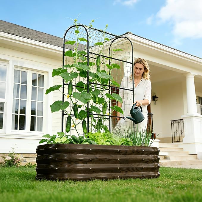 DoCred 2 in 1 Galvanized Raised Garden Bed, 1Pcs Garden Planter Box with 71" H Trellis for Climbing Plants, Outdoor Gardening Raised Beds with Climbing Net for Fruits, Vegetables, Flower (Wood Grain)