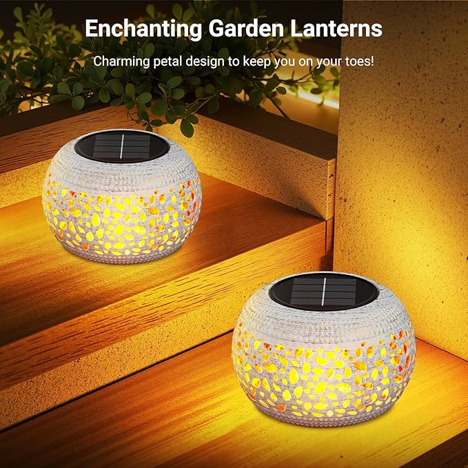 Solar Lanterns Outdoor Waterproof Table Lights: Upgraded Flickering Flame Solar Lights, White Metal Decorative Lantern Gifts for Women Mom, Garden Yard Balcony Indoor Tabletop Decor(2 Modes)