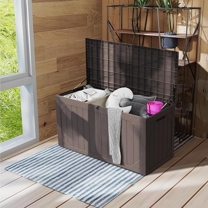 Yardgrace 110 Gallon Resin Deck Box Waterproof Outdoor Storage Box for Patio Furniture Pool Accessories Indoor Storage for Cushion Garden Tools, Brown