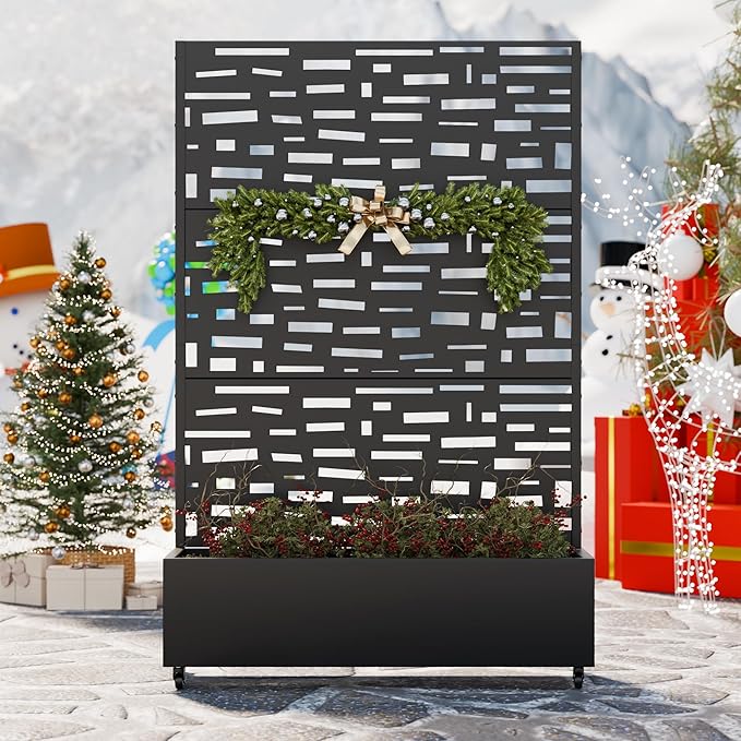 Casaphoria Metal Raised Garden Bed with Trellis and Wheels, 72"x47"x16" Planter Box for Climbing Plants, Vegetables & Vines, Features Drainage Holes and Privacy Screen (Black-Gerald)