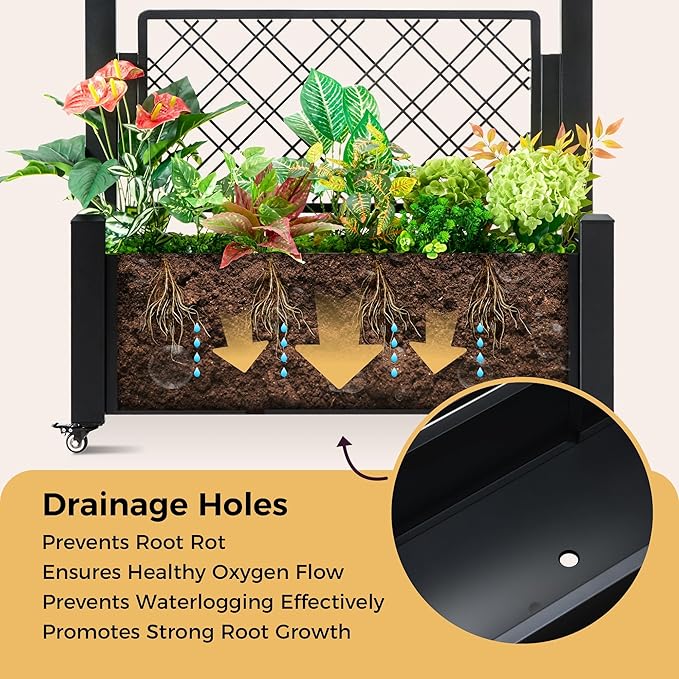 Metal Raised Garden Bed with Trellis, 50Hx38Wx14D Inch Compact Planter Box for Climbing Plants, Patio Balcony Garden, Privacy Screen with Wheels and Drainage Holes, Black