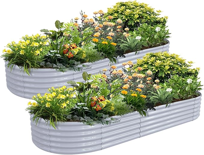 2 Packs 8x3x1.5FT Galvanized Raised Garden Bed Kit Oval Metal Ground Planter Box Outdoor Bottomless Planter Raised Beds for Vegetables Flowers Herbs Fruits, Gray