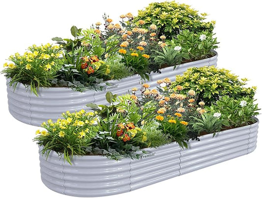 2 Packs 8x3x1.5FT Galvanized Raised Garden Bed Kit Oval Metal Ground Planter Box Outdoor Bottomless Planter Raised Beds for Vegetables Flowers Herbs Fruits, Gray