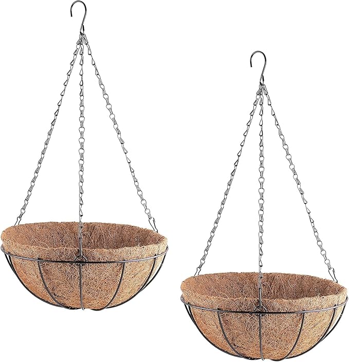 Orgrimmar 2 Pack 12" Metal Hanging Planter Basket with Coco Coir Liner, Small Round Wire Plant Holder with Chain for Hanging Plant and Flower