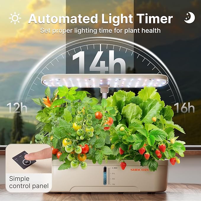 SUNCOZE Hydroponics Growing System Kit 12 Pods, Indoor herb Garden with 20W LED Grow Light, Visible Water Tank with Pump, 2.2"-12.4" Adjustable Height Indoor Gardening System, Gardening Gifts, Beige