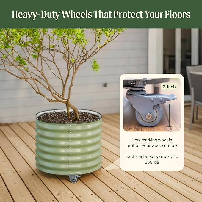 Rolling Metal Citrus Tree Planter Pot, 27″ Round Planter Box for Porch Patio & Backyard, 45 Gallon Large Planter Pot with Wheels for Growing Trees Tomatoes Vegetables and Flowers, Olive Green