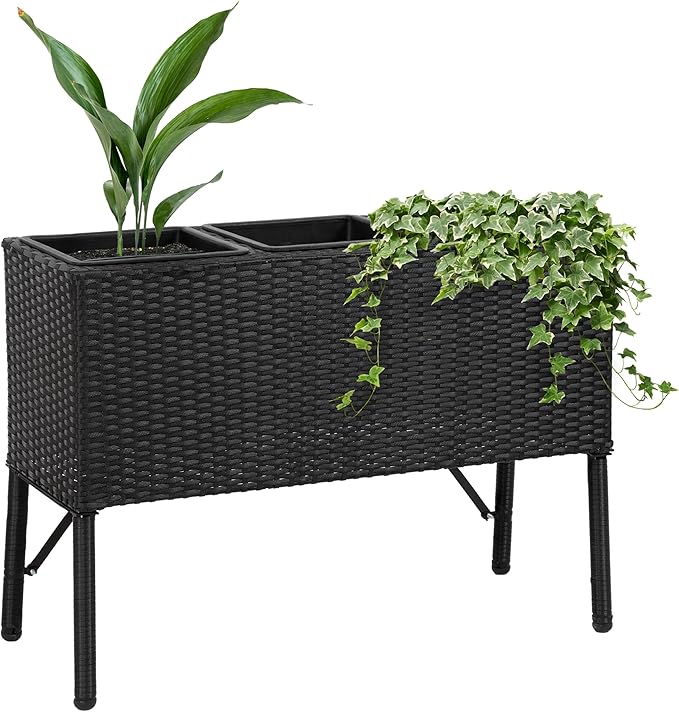 Sunnydaze 3-Section Wicker Raised Planter Box - 3 Removable Plastic Inserts - Above Ground Raised Garden Bed with Legs - 30.75" W x 11.75" D x 22" H
