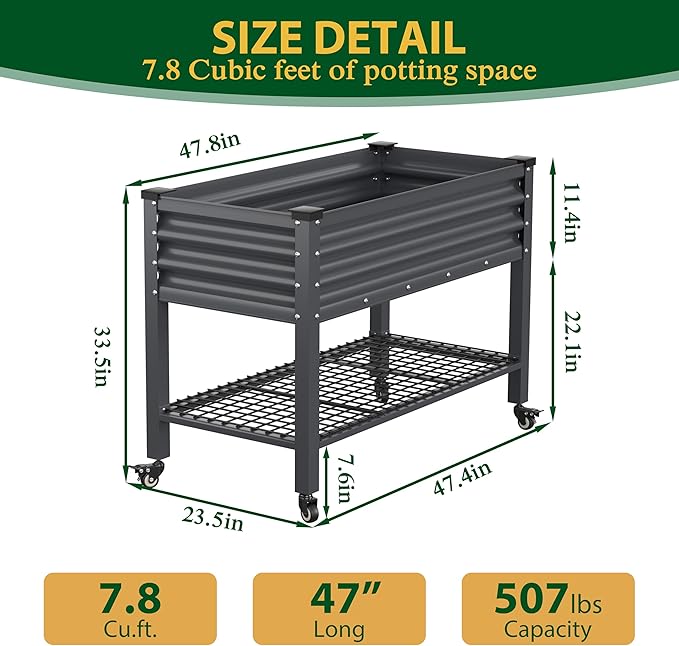 MUPATER Galvanized Steel Raised Garden Bed with Legs, 48" L x 24" W x 34" H Large Metal Elevated Raised Planter Box with Rolling Casters & Extra Bottom Shelf for Backyard, Garden, Patio, Balcony, Gray