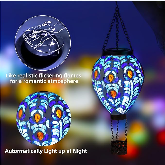 VOREEN Hot Air Balloon Solar Lantern, Handmade Mosaic Solar Outdoor Hanging Wind Light, Waterproof, Patio Festive Decor, Gift for Mom Wife Friend, Peacock Feather Design