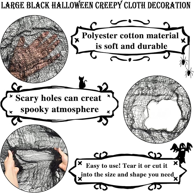 ZeeDix Halloween Black Creepy Cloth 79 x 200in Giant Spooky Cheesecloth Halloween Decoration Scary Gauze Cloth for Party Supplies Haunted Houses Outdoor Yard Home Wall Doorways Decor