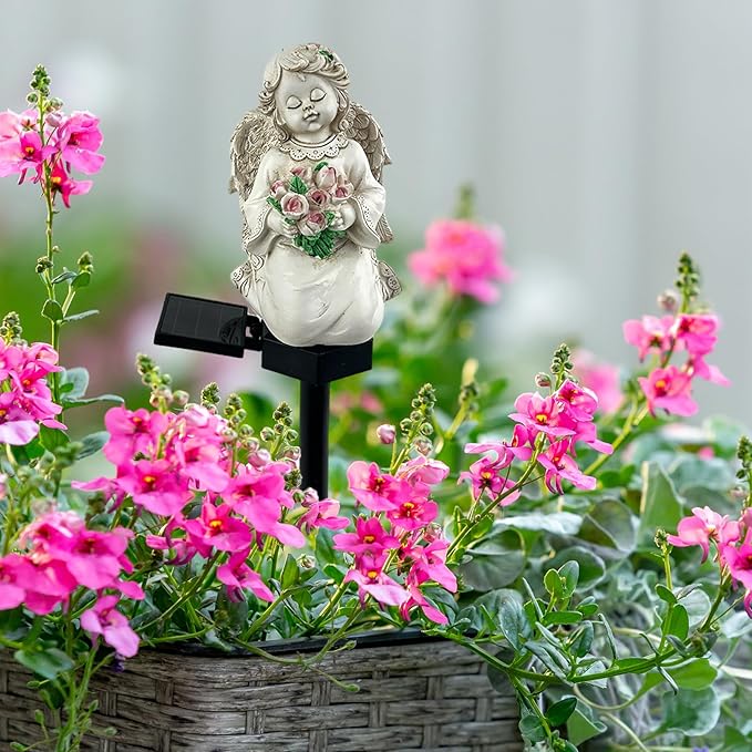 Solar Garden Angel Lights, Waterproof Outdoor Garden Angels Statue Decorations Solar Lights for Cemetery Gravesite Grave Outside Yard Patio Lawn Porch (Flower)