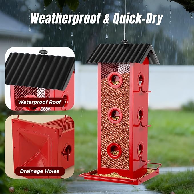 All Metal Bird Feeder for Outdoors Hanging | 14-Port Multi-Bird Viewing | Rust-Proof, Waterproof & Easy-Clean | Attracts Cardinals, Finches, Chickadees & More (Elegant Red & Black)