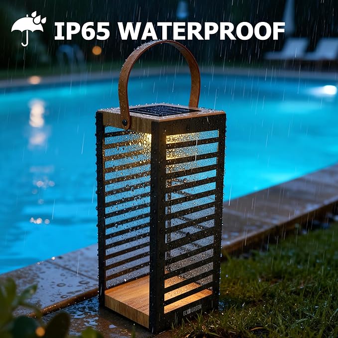 Solar Lantern with Handle - Outdoor Metal Solar Light (7.87×19.69"), Waterproof & Rustproof, 8H Auto-On Warm White Light, Portable for Patio, Porch, Balcony & Garden Decor (Black)