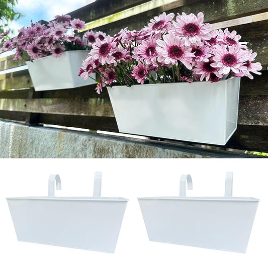 LaLaGreen Rail Hanging Planter (2 Pack, 14 Inch) Large White Metal Rectangle Plant Holder Outdoor Balcony Deck Railing Fence, Strawberry Window Flower Box for Artificial Plants Minimalist Home Decor