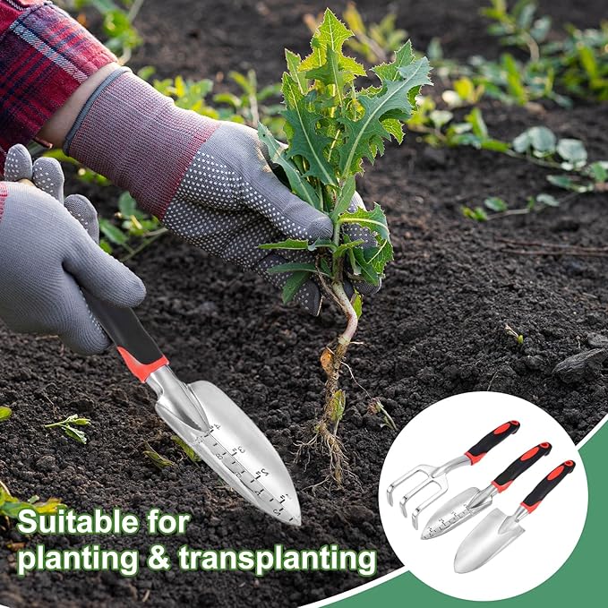HARFINGTON 3pcs Garden Tools Set Metal Garden Hand Shovels and Hand Rake Tools Kit for Gardening Planting Weeding, Red