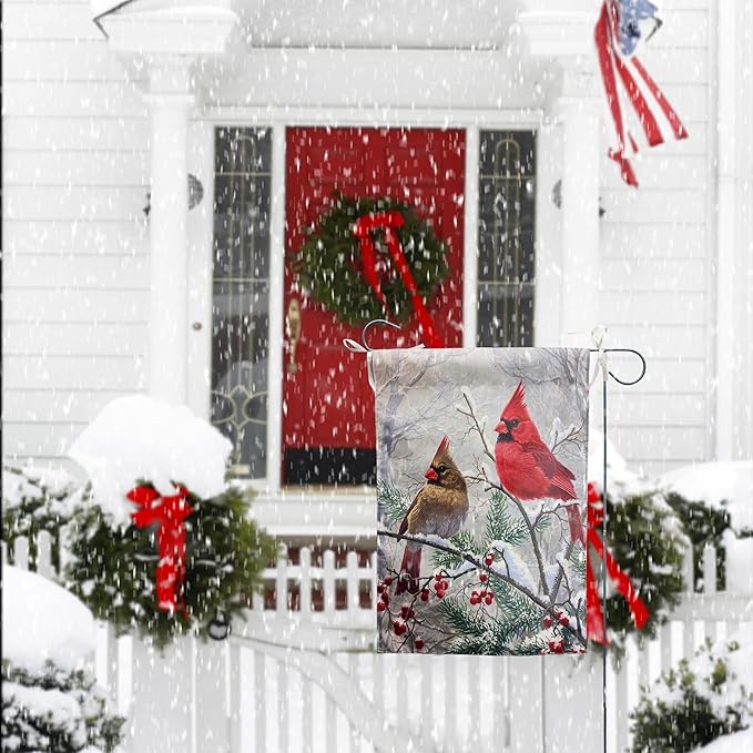 Winter Cardinal Bird House Flags for Outside 28x40 Double Sided Large Christmas Holiday Flags Red Birds on Tree Branch Garden Flag Welcome New Year Yard Flag Farmhouse Outdoor Decor